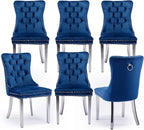 Velvet Upholstered Dining Chairs Set of 6, Modern Style Kitchen Side Chairs with Nailhead Trim and Silver Plated Leg, Metal Pulling Ring for Dining Room Living Room(Blue-Silver Plated Leg)
