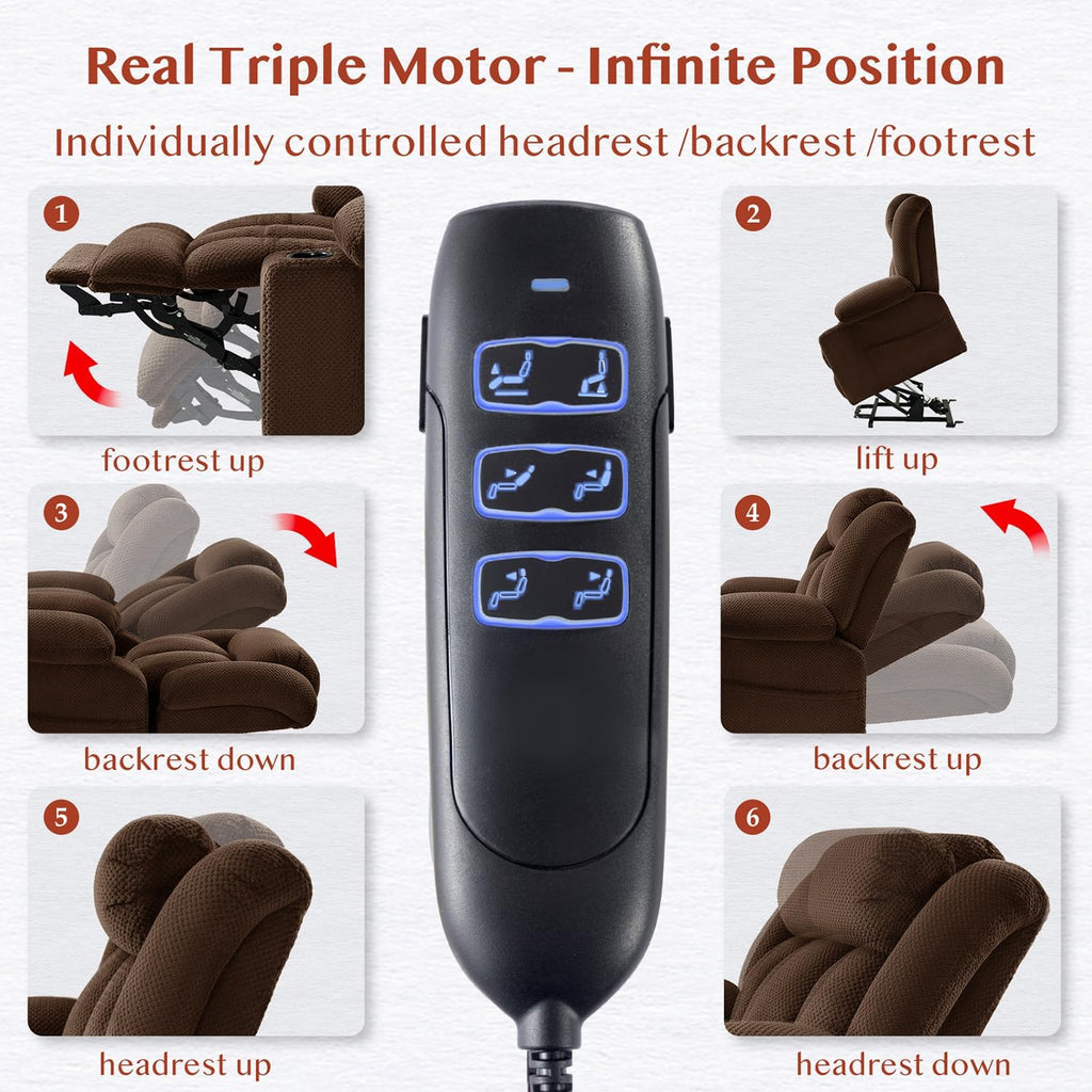 3 Motor Large-Wide Lift Chair, Infinite Position, 180° Lay Flat, Power Lift Chairs Recliners for Elderly Big and Tall, Massage & Heat, Extended Footrest (Dark Brown, Large Wide)