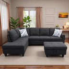 L-Shaped Sectional Sofa with Movable Chaise & Storage Ottoman, Lounge 3-Piece Modular Convertible Couches for Living Room, Apartment & Office, Black Grey