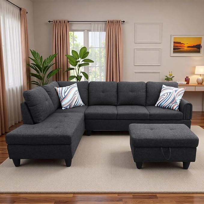 L-Shaped Sectional Sofa with Movable Chaise & Storage Ottoman, Lounge 3-Piece Modular Convertible Couches for Living Room, Apartment & Office, Black Grey