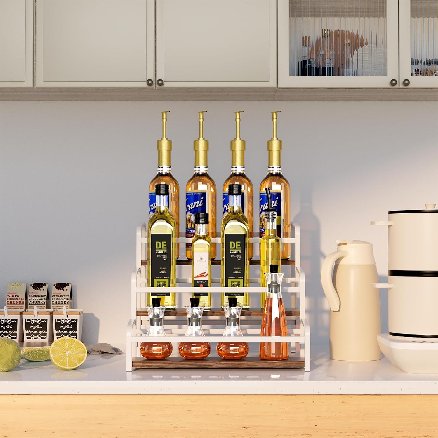 3-Tier Coffee Syrup Rack for Countertop, Large Capacity 12-Bottles Syrup Stand with Wood Shelf & Metal Frame for Coffee Bar, Premium White Coffee Organizer Station/Wine Rack for Kitchen Storage