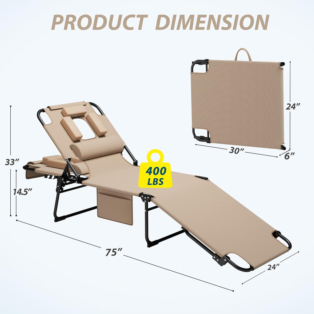 400lbs Tanning Chair with Face Hole, 5-Position Folding Chaise Lounge Chair w...