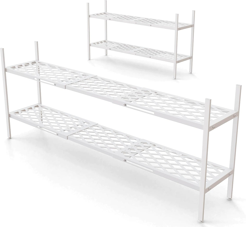 Shoe Rack, 45.6" Expandable Shoe Storage Organizer for Closet - Stackable | 2-Tier Metal Long Shoe Shelf with Sturdy Wire Grid Shoe Stand Holder for Entryway, Garage, Bedroom, Door Entrance, White