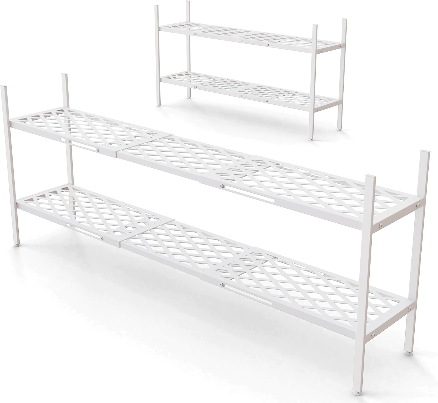 Shoe Rack, 45.6" Expandable Shoe Storage Organizer for Closet - Stackable | 2-Tier Metal Long Shoe Shelf with Sturdy Wire Grid Shoe Stand Holder for Entryway, Garage, Bedroom, Door Entrance, White
