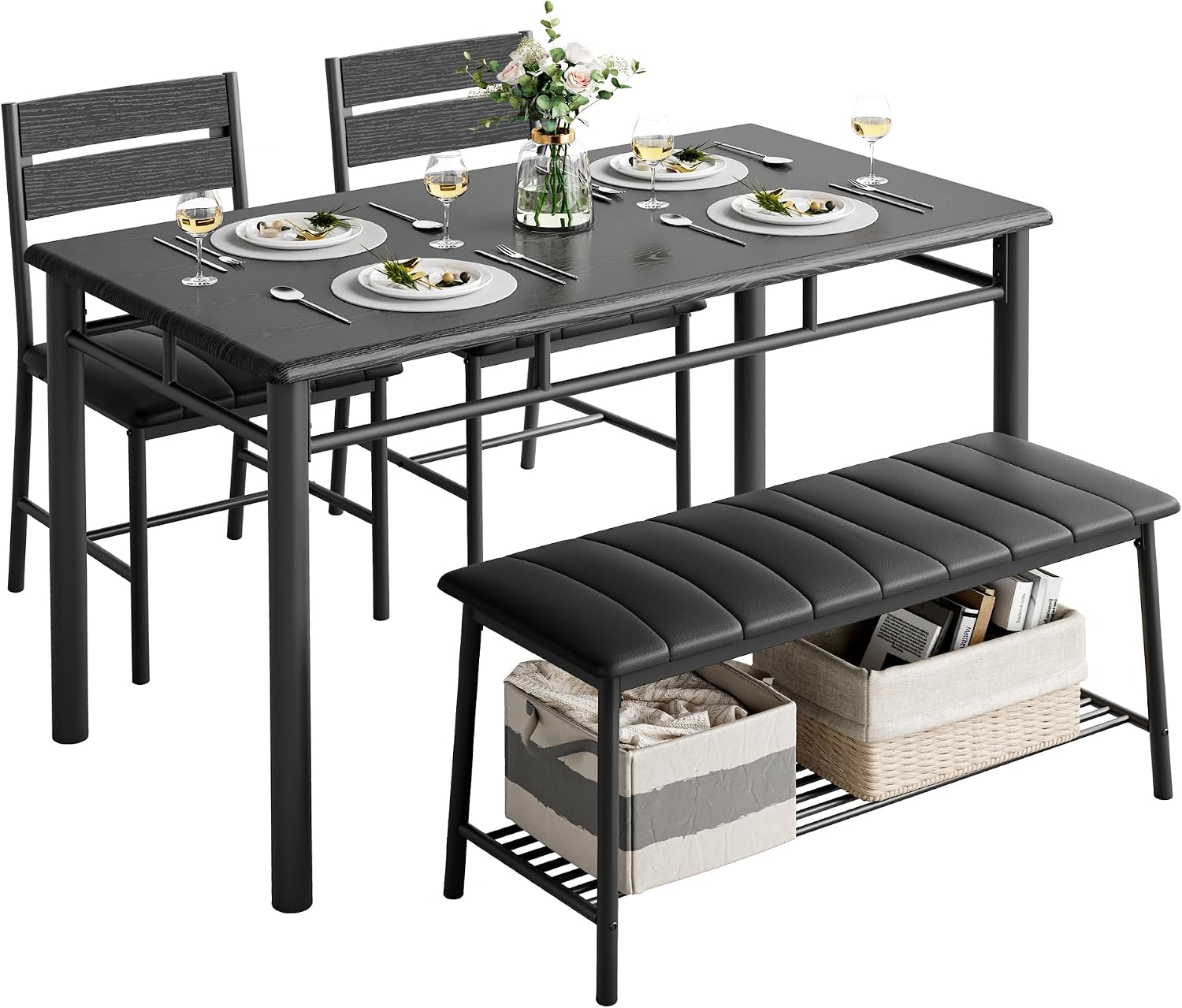 IRONCK Dining Table Set for 4, Kitchen Table and Chairs Set, Black | Kitchen Table with Upholstered Bench and 2 Chairs for Small Space, Apartment