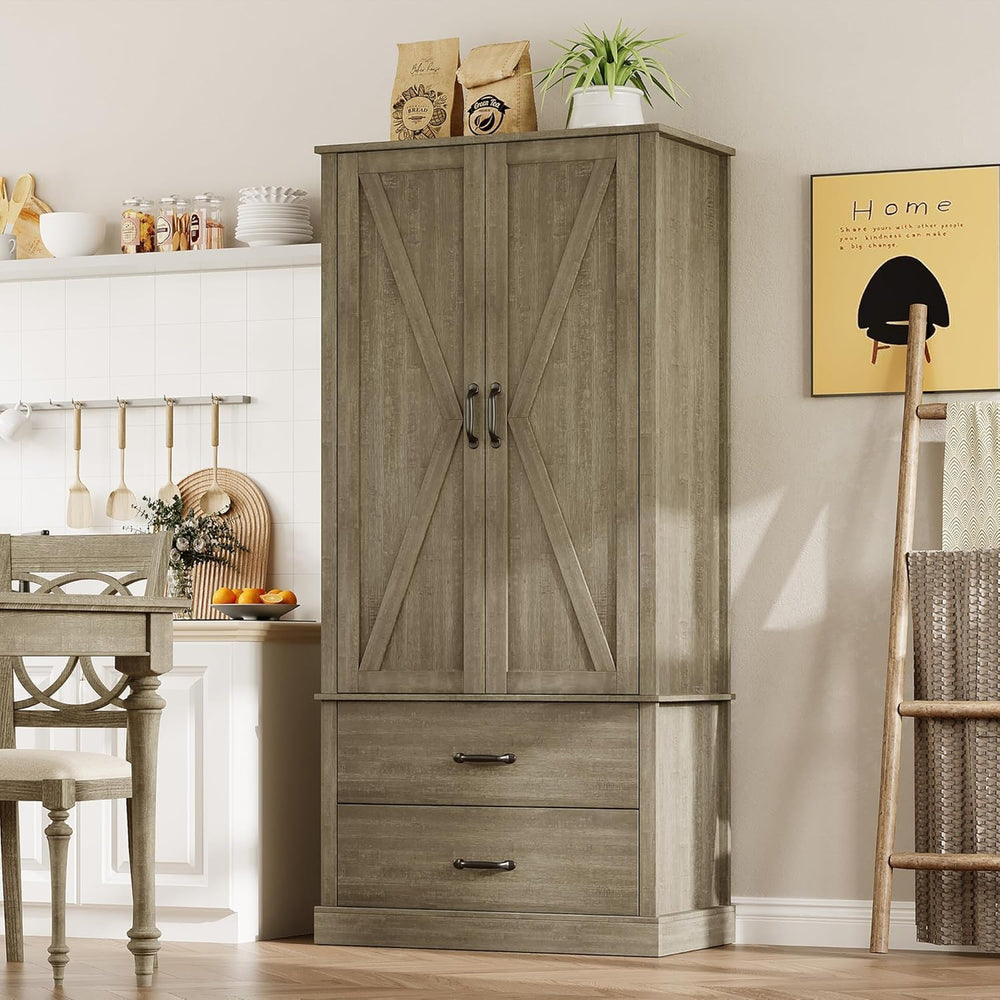 IDEALHOUSE Kitchen Pantry Cabinet, Freestanding Tall Hutch with Barn Doors, D...