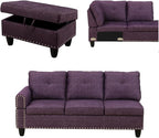 L Shaped Sectional Sofa with Ottoman, Nail-Head Design Linen Right Facing Modern Couches with Cup Holder for Living Room, Bedroom, Office, Purple