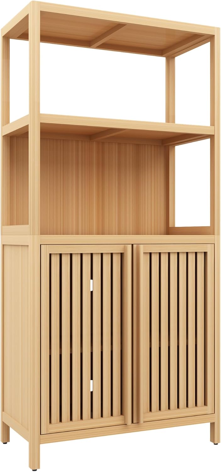 Tall Pantry Storage Cabinet, Bookcase Display Cabinet with Rattan Doors and S...