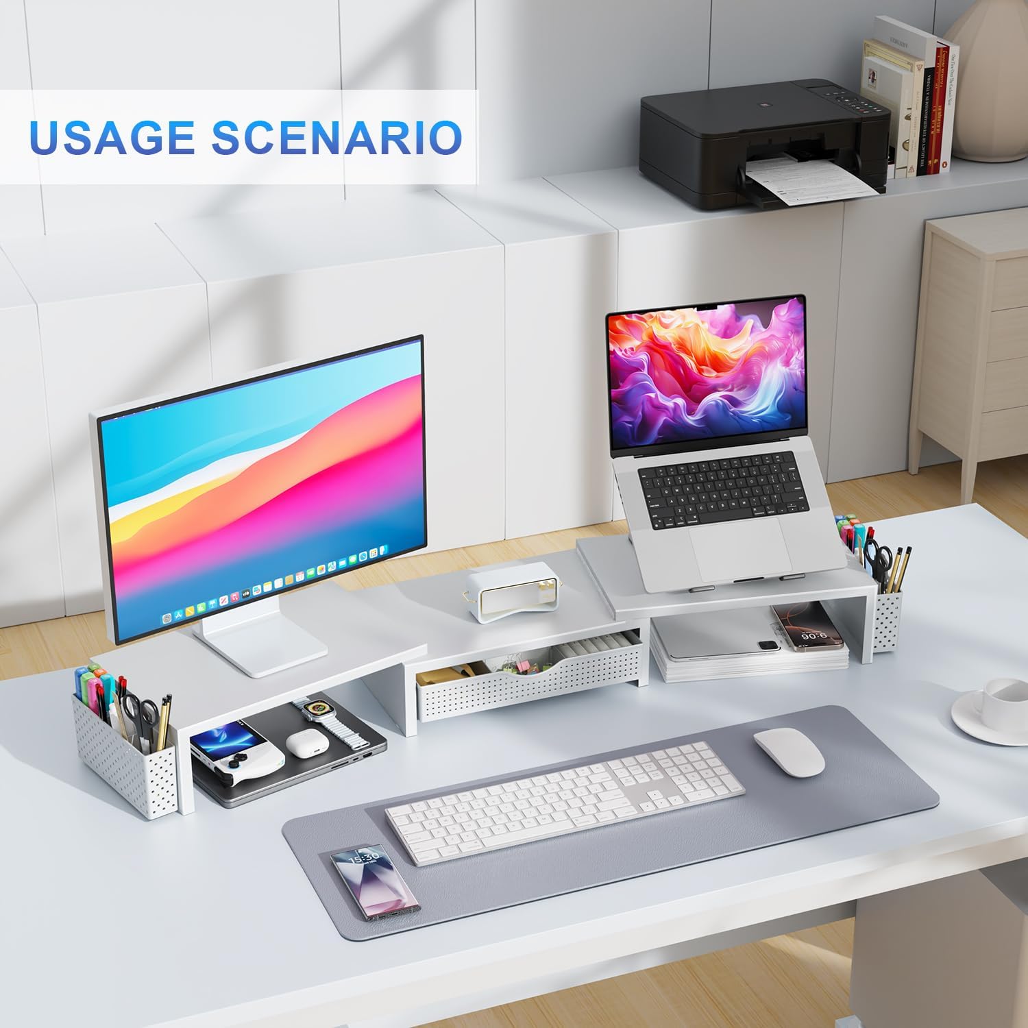 gianotter Dual Monitor Stand Riser, Desk Organizer With Drawer and 2 Pen Holders, Monitor Stand for Desk, Office Decor Essentials (White)