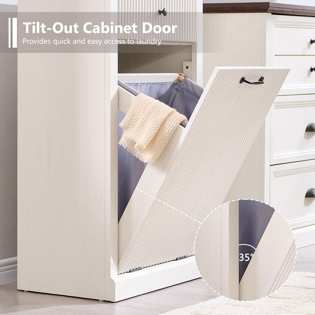 Modern Tilt-Out Laundry Hamper Cabinet, 10 Gallon Fluted Trash Can Cabinet with Drawer, Wooden Hidden Garbage Can Cabinets with Laundry Basket, Free Standing for Bathroom and Kitchen, White