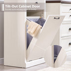 Modern Tilt-Out Laundry Hamper Cabinet, 10 Gallon Fluted Trash Can Cabinet with Drawer, Wooden Hidden Garbage Can Cabinets with Laundry Basket, Free Standing for Bathroom and Kitchen, White