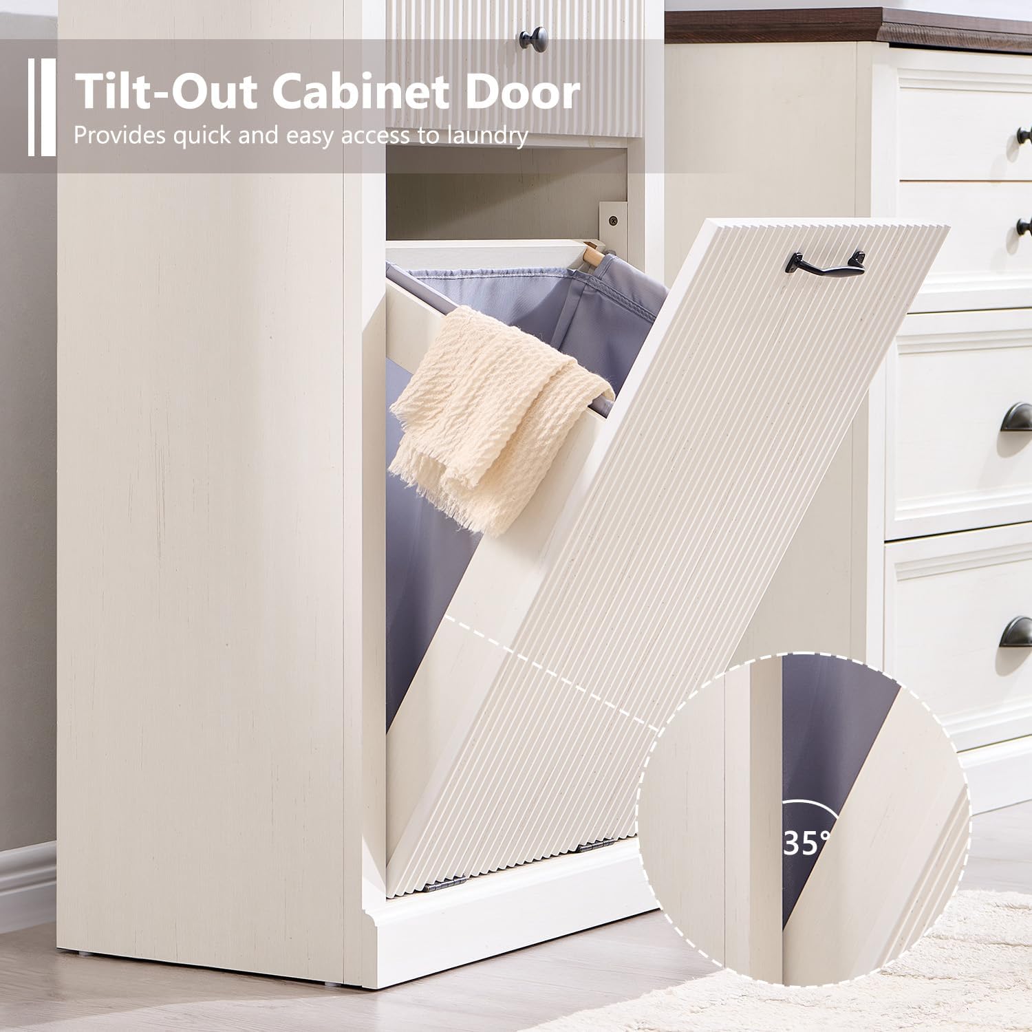 Modern Tilt-Out Laundry Hamper Cabinet, 10 Gallon Fluted Trash Can Cabinet with Drawer, Wooden Hidden Garbage Can Cabinets with Laundry Basket, Free Standing for Bathroom and Kitchen, White
