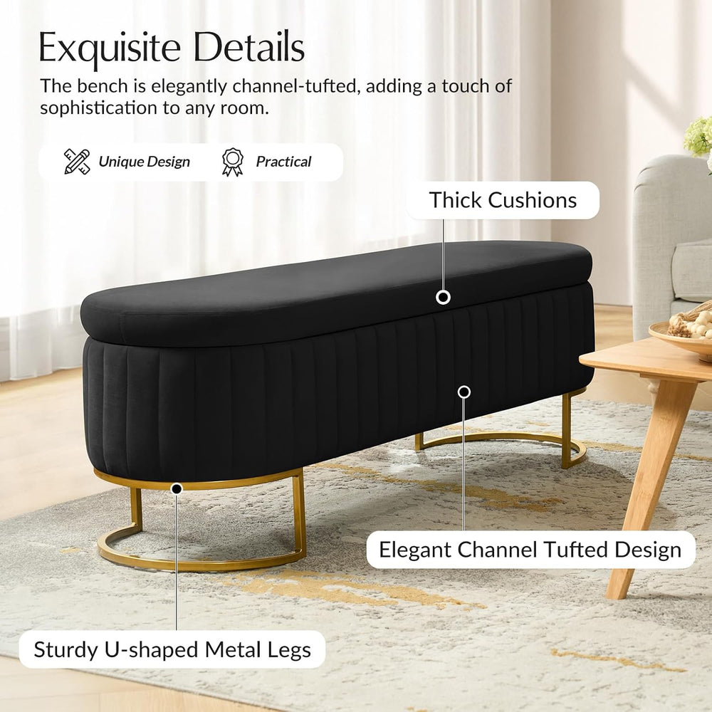 55.5" Velvet Upholstered Storage Bench with Channel Tufted Seat and Meta...