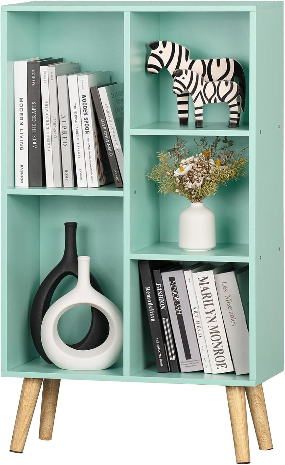 LEYAOYAO 5 Cube Bookshelf 3-Tier Bookcase with Legs,Mint Green Kids Book Shelf Cute Storage Organizer,Free Standing Open Toy Shelves Wood Bookshelves,Display Bookcases for Bedroom,Living Room,Nursery