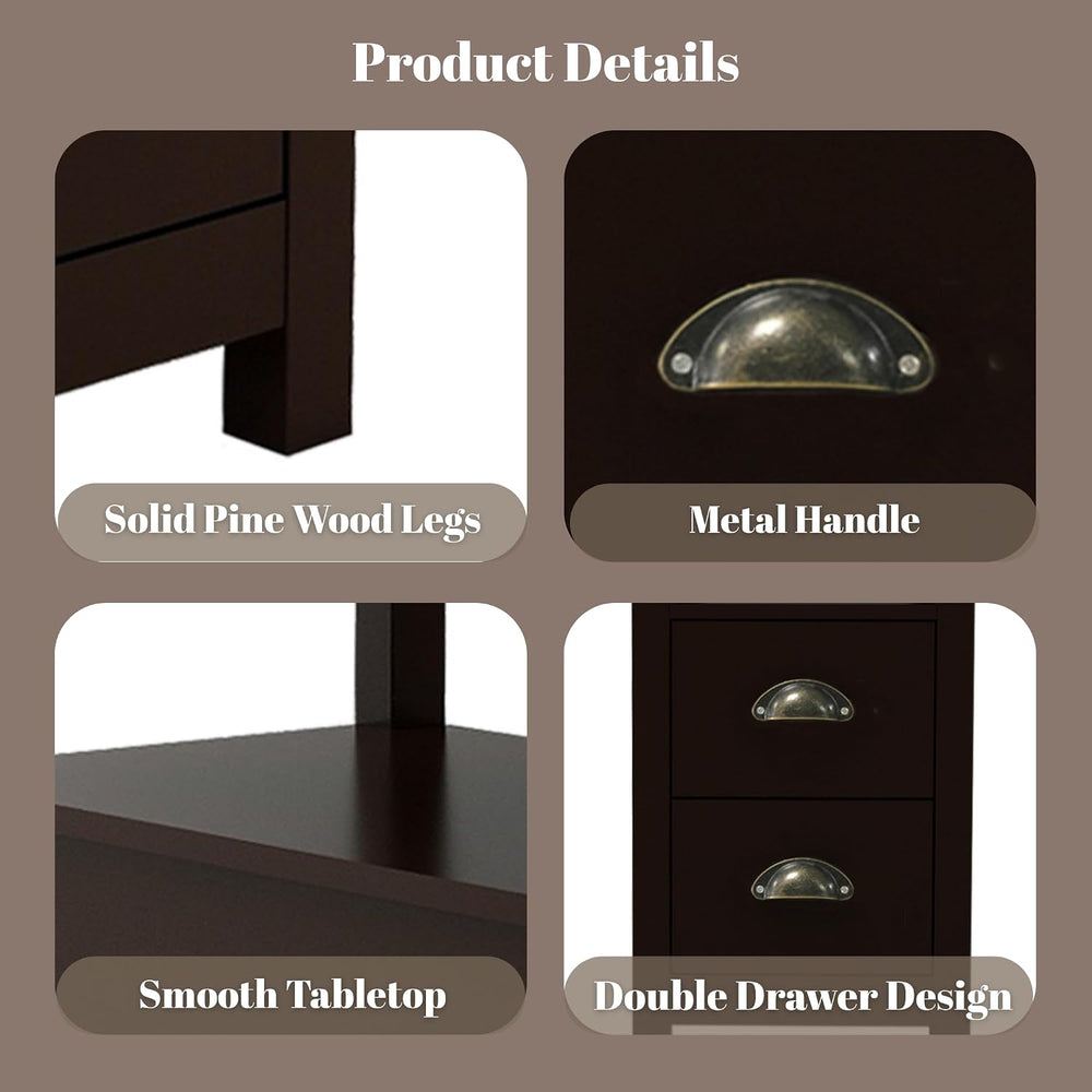 Narrow End Table with Two Drawers & Open Shelf - Brown Nightstand/Side Ta...
