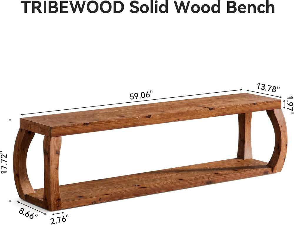 2-Tier Solid Wood Entryway Bench, 59" Long Farmhouse End of Bed Bench wi...