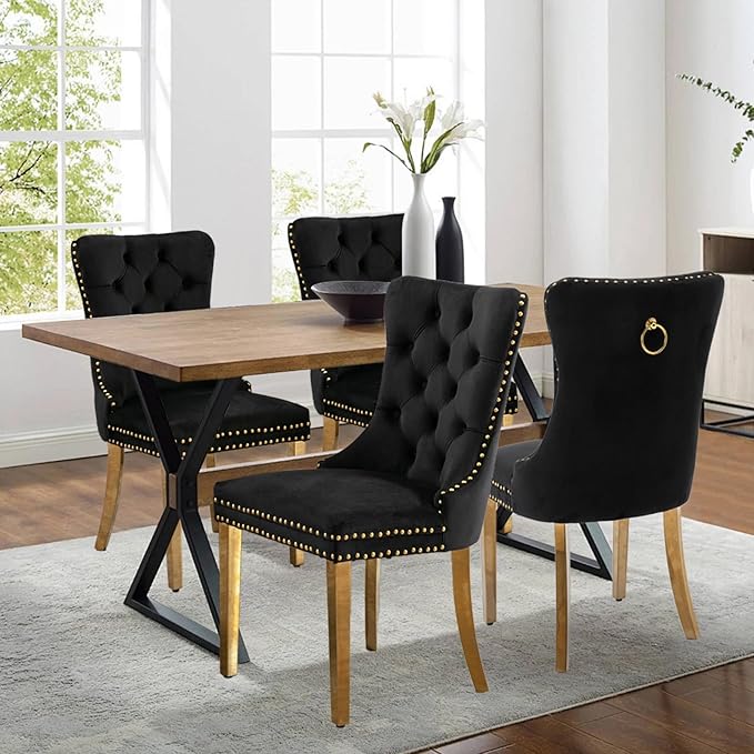 Velvet Upholstered Dining Chairs Set of 4, Modern Style Kitchen Side Chairs with Nailhead Trim and Gold Plated Leg, Metal Pulling Ring for Dining Room Living Room(Black,Set of 4)