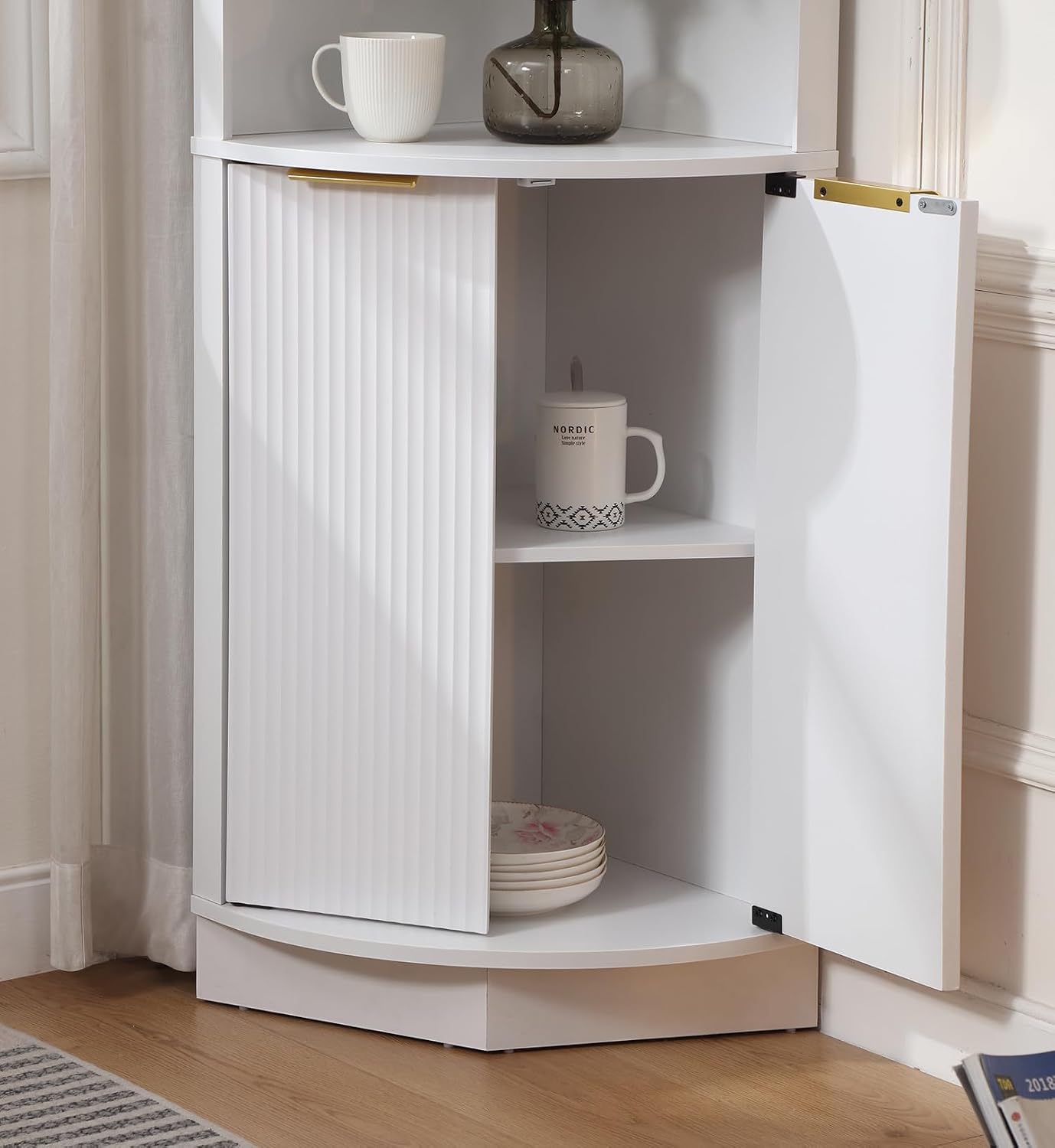 FOREST GRAVITY Modern Corner Storage Cabinet with Fluted Doors | For Kitchen; For Bathroom; Glass Doors; Fluted Design; Large Storage; Pentagon Design; White