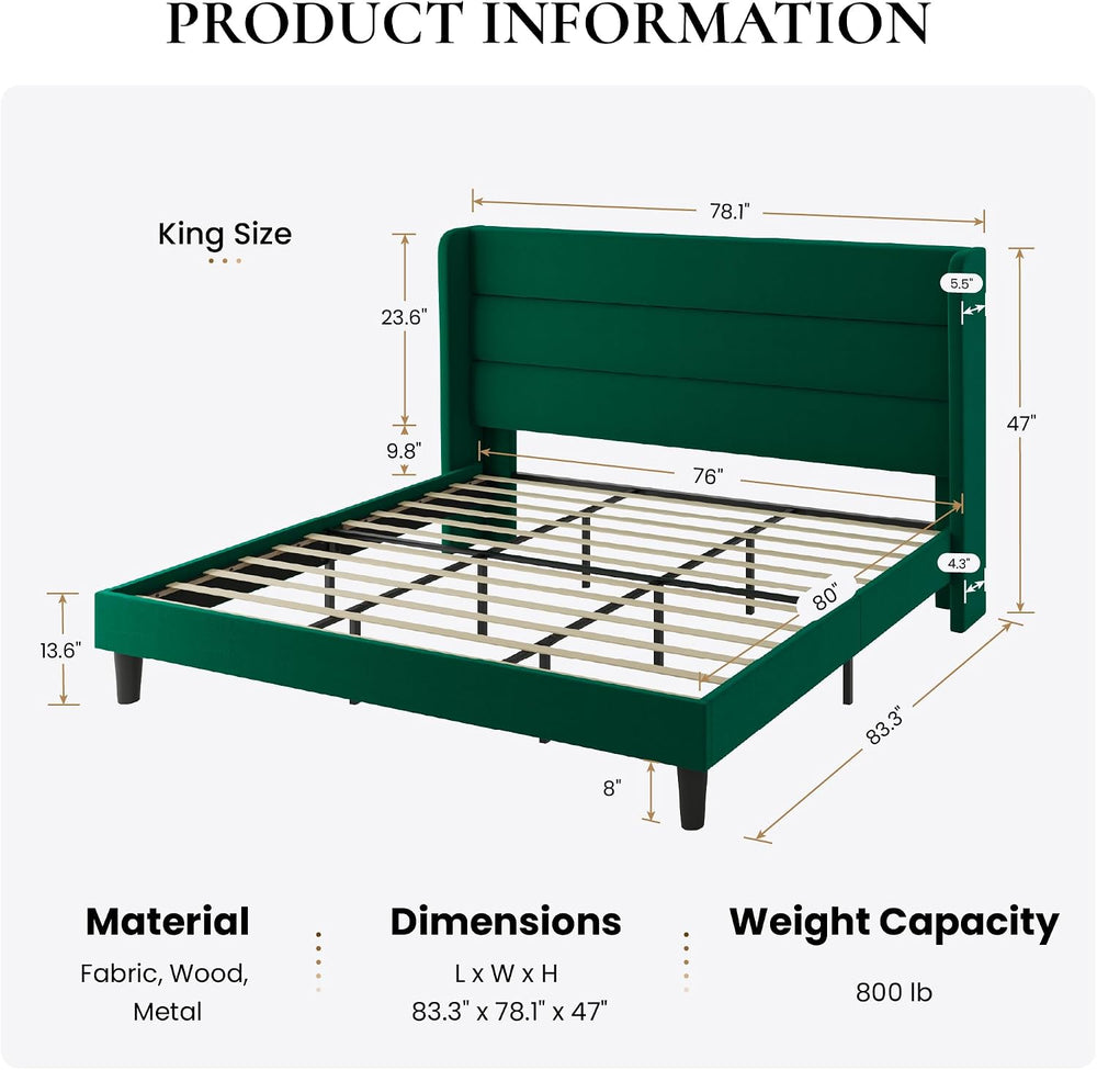 SHA CERLIN King Size Velvet Bed Frame with Wingback Headboard/Upholstered Pla...