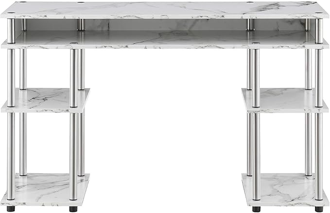 Convenience Concepts Designs2Go No Tools Desk Home Office Desk with Shelves, Corner Shelf Vanity Desk Computer Desk Nail Table for Nail Tech - 47.25" L x 15.75" W x 30" H, White Faux Marble