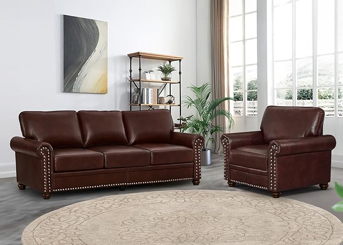 2 Piece Faux Leather Sofa Set,Modern Chair and Couch Sets with Storage,Mid Century Couch with Rivet Rolled Arm,Comfy Deep Seat Sofa,Furniture for Living Room,Office(Armchair+3 Seater,Burgundy)
