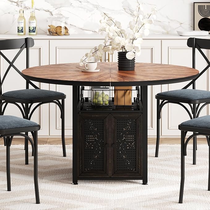 47" Round Dining Table Set for 4-6 People, Large Farmhouse Kitchen Dining Table Set with Chairs and Storage Rack, Metal Base Round Table for Home Dining Room Living Room (Cat table and 2 black chairs)