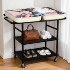 Luggage Rack for Guest Room, 3-Tier Rolling Suitcase Stand with Wheels | Metal Luggage Stand with Storage Shelf, Black Heavy Duty Luggage Holder for Home/Bedroom/Hotel, Easy to Assemble