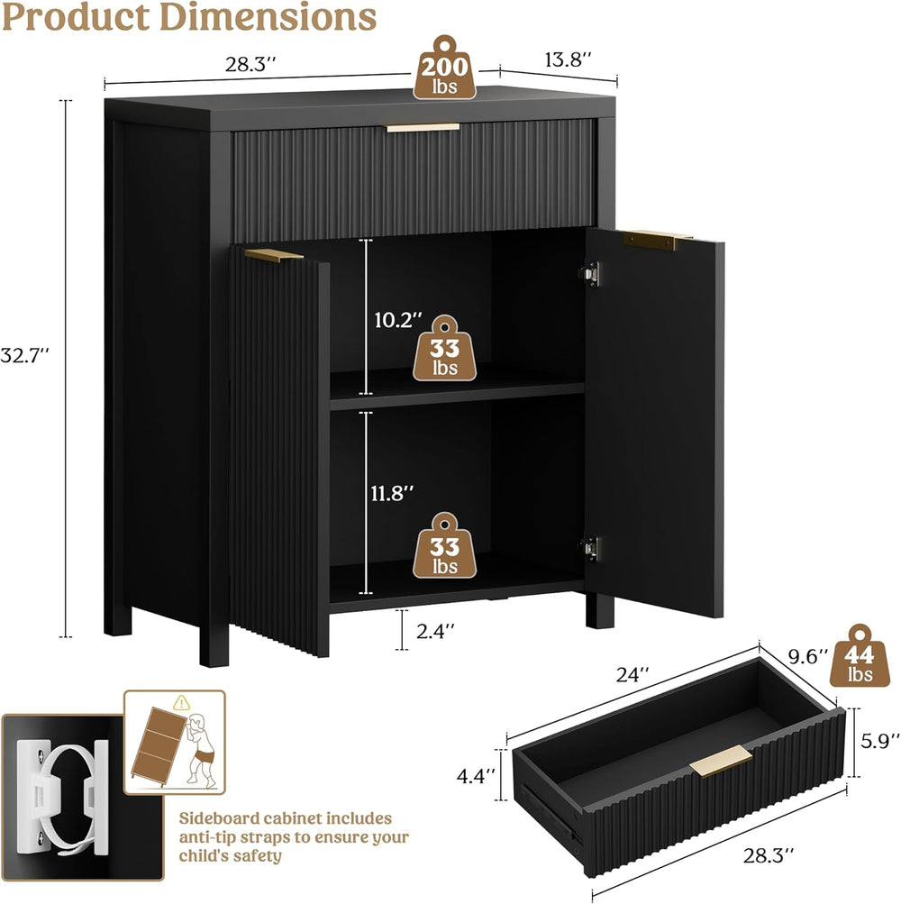 Lulive Black Fluted Storage Cabinet with Drawers Buffet Sideboard Cabinet wit...