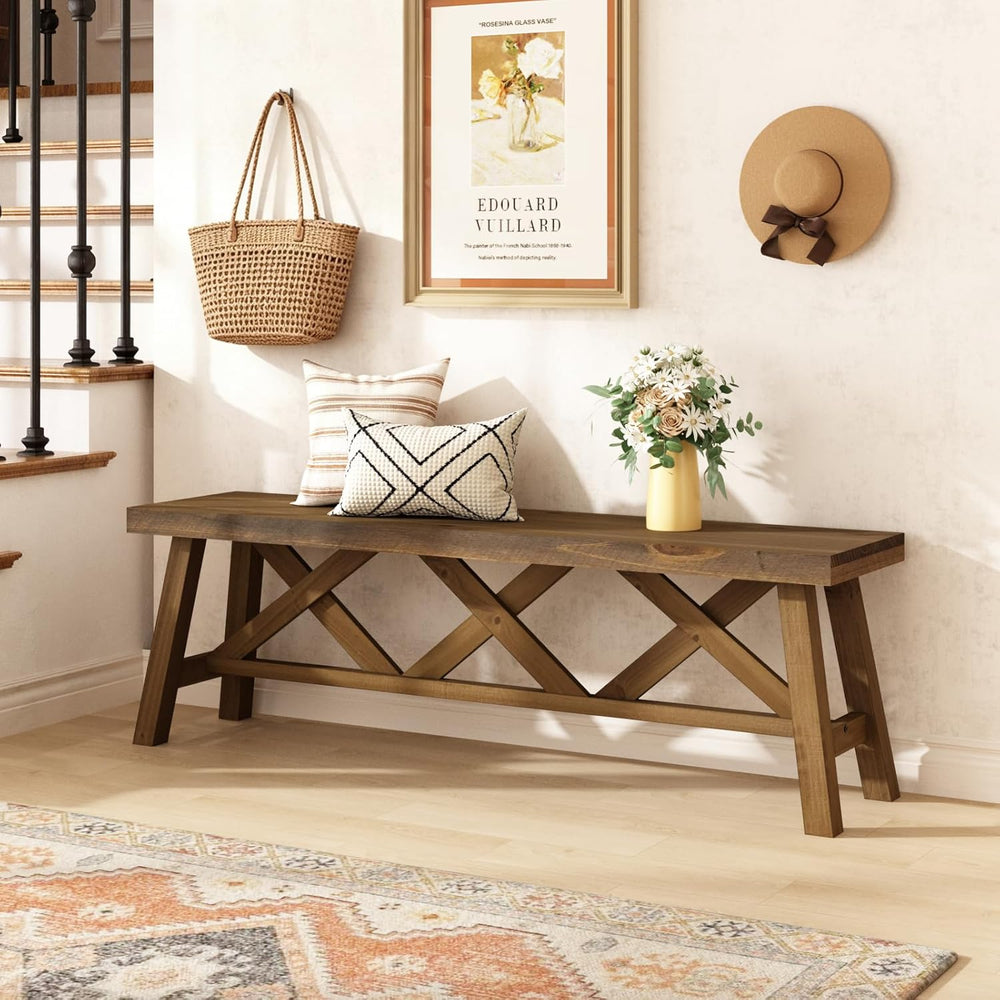Wnutrees 54" Farmhouse Wood Bench, Rustic Solid Wood Entryway Bench Seat...