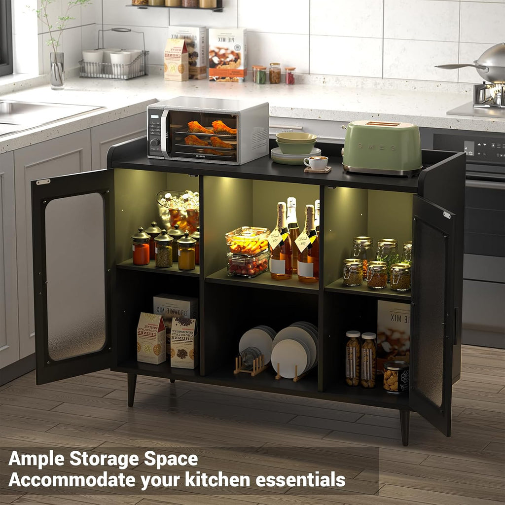 iSunirm Bar Cabinet with LED Light and Glass Holder, Home Coffee Bar Cabinet, Buffet Sideboard with Storage Shelf for Kitchen, Dining Room, Black