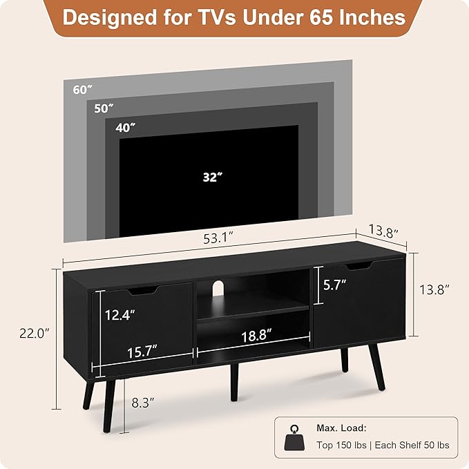 ALINE FURNITURE Black TV Stand for 50 55 60+ inch TVs - Media Console with 2 Cabinets & Open Shelves, Solid Wood Legs - TV Consoles for Living Room - 22" H Entertainment Center for Bedroom