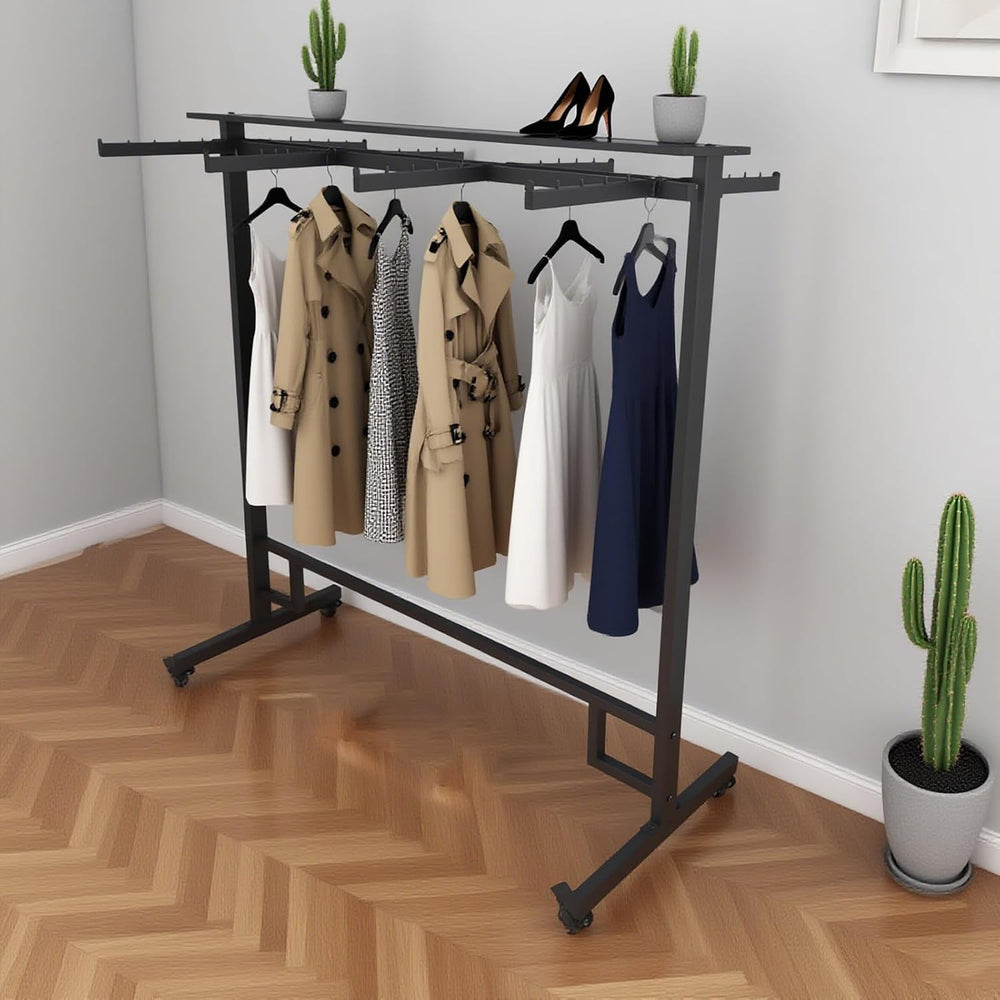 Retail Clothing Display Rack with Adjustable 8 Arms, on Wheels ＆ Top Shelf