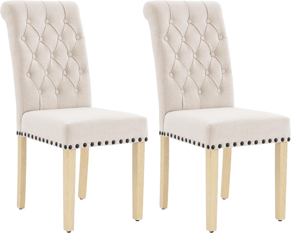 adochr Dining Chairs Set of 2, Linen Armless Parsons Chairs,Beige | Wooden Le...