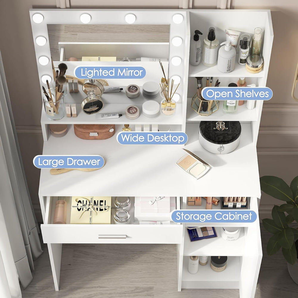 Vanity Desk with Mirror & Light, Three Level Storage Dresser & Large ...