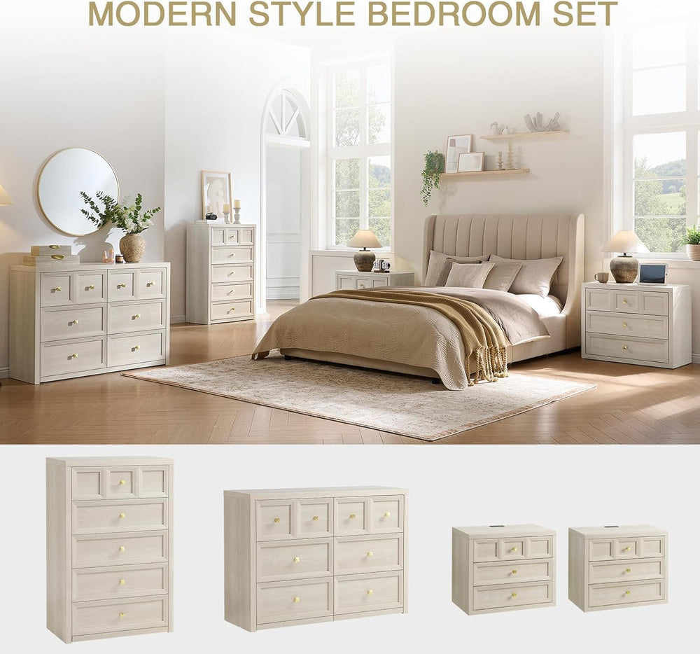 6 Drawers Dresser for Bedroom-46.5" Wide Wooden Chest of Drawers with La...