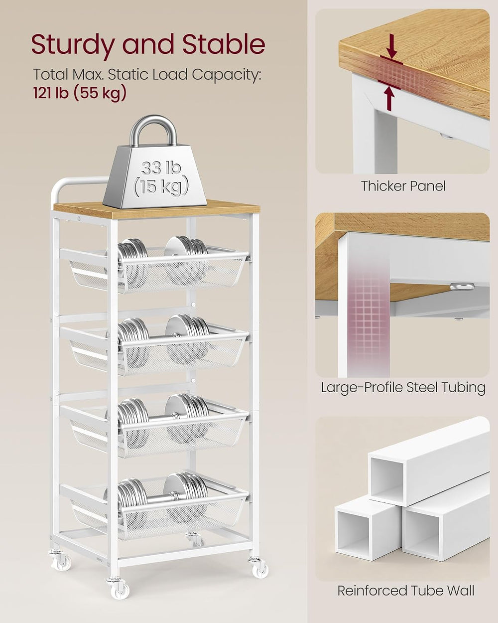 VASAGLE Storage Rolling Cart with Pull-Out Baskets, 5-Tier Utility Cart Orgni...