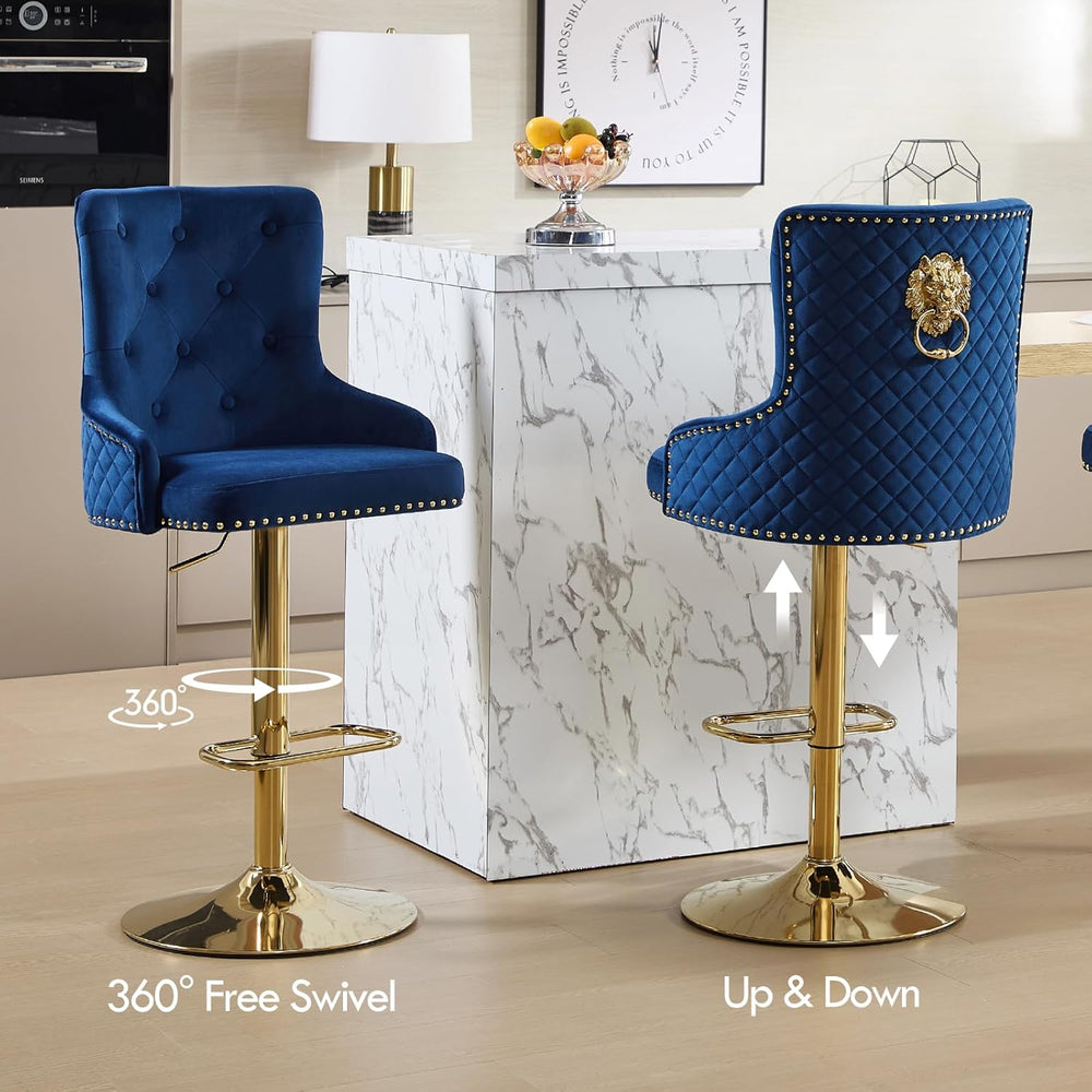 Gold Barstools Set of 4,Velvet Swivel Bar Height Stools with Lion Pull Ring,U...