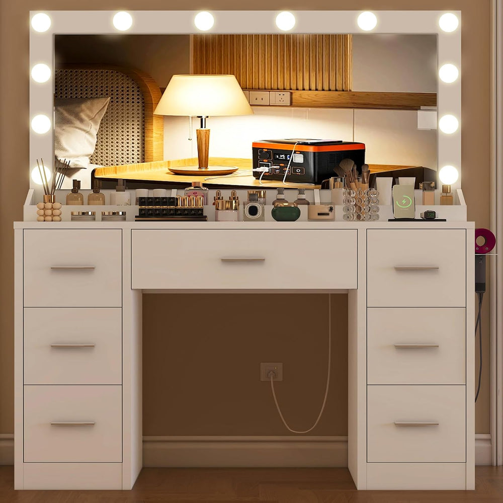 FIONESO Vanity with Large Mirror and 12 LED Lights, Vanity Desk with 7 Drawer...