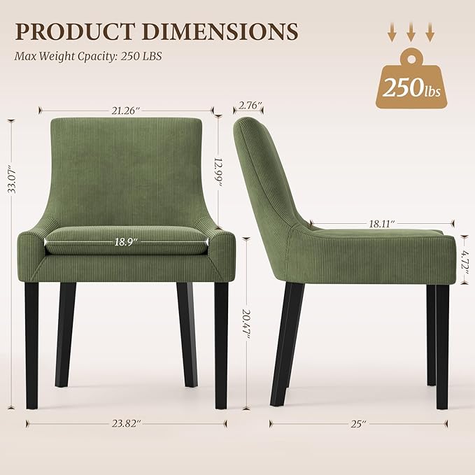 Dining Chairs Set of 2, Upholstered Corduroy Dining Room Chair with Wood Legs, Mid-Back Padded Kitchen Side Chairs for Dining Room, Green