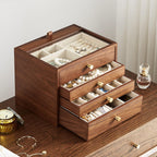 CHOSIN Black Walnut Wooden Jewelry Box for Women, Wood Jewelry Organizer 4 Layer with Glass Lid and Pull-out Necklace Storage Layer, for Watch Necklace Ring Earring Storage Christmas Gifts