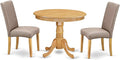 East West Furniture ANDR3-OAK-16 3 Piece Dining Table Set Contains a Round Kitchen Table with Pedestal and 2 Dark Khaki Linen Fabric Upholstered Kitchen Chairs, 36x36 Inch, Oak