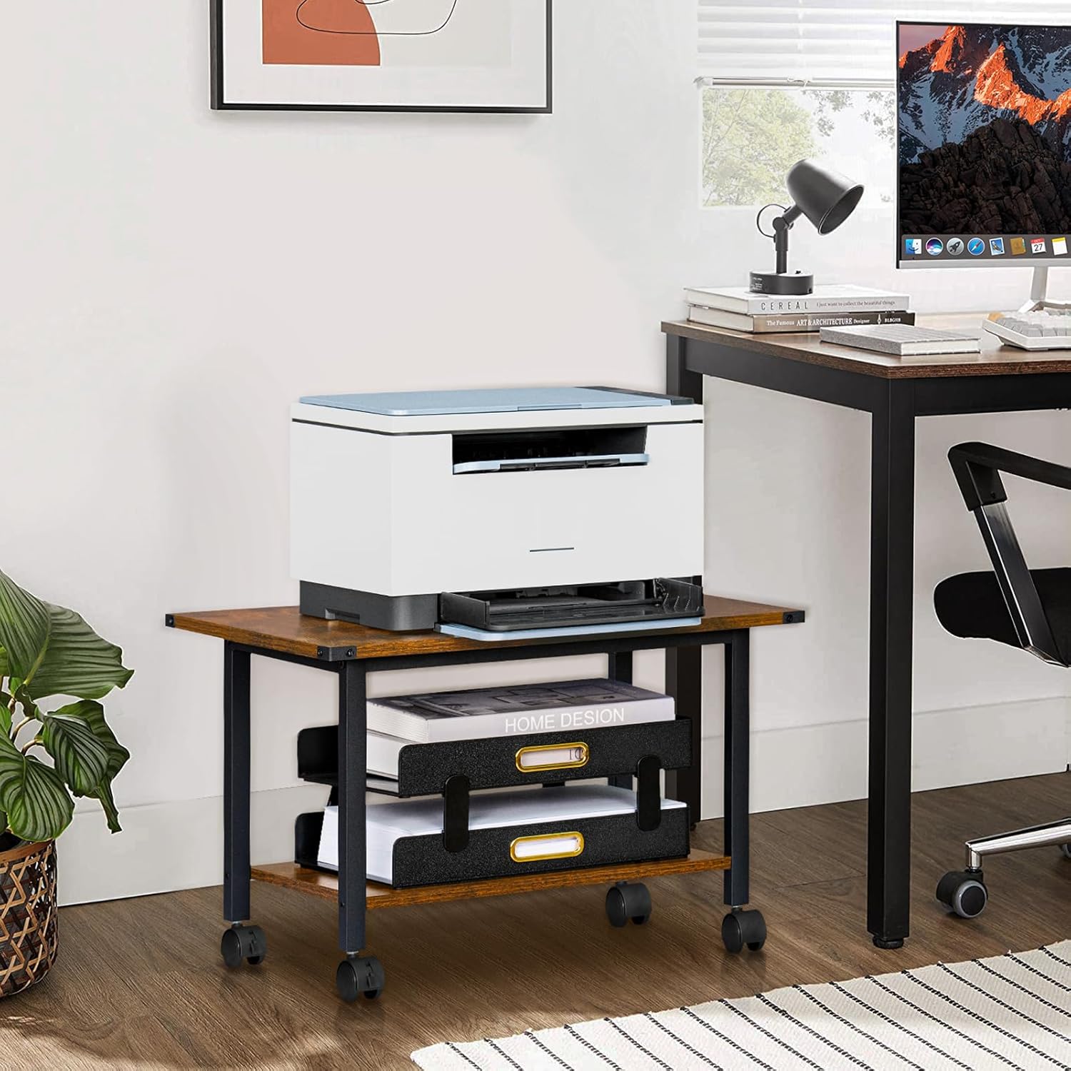 Lerliuo Under Desk Printer Stand, 2-Tier Industrial Mobile Printer Table with Storage Shelf and Steel Frame, Rolling Printer Cart Holder with Lockable Wheels for Home, Office (Rustic Brown)