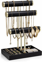 Vlando 3 Tier Bracelet Holder Organizer with Tray - Leather Jewelry Stand Organizer for Women - Jewelry Holder Display for Necklace, Watches, Rings, Earrings, Bangle, Scrunchie - Black