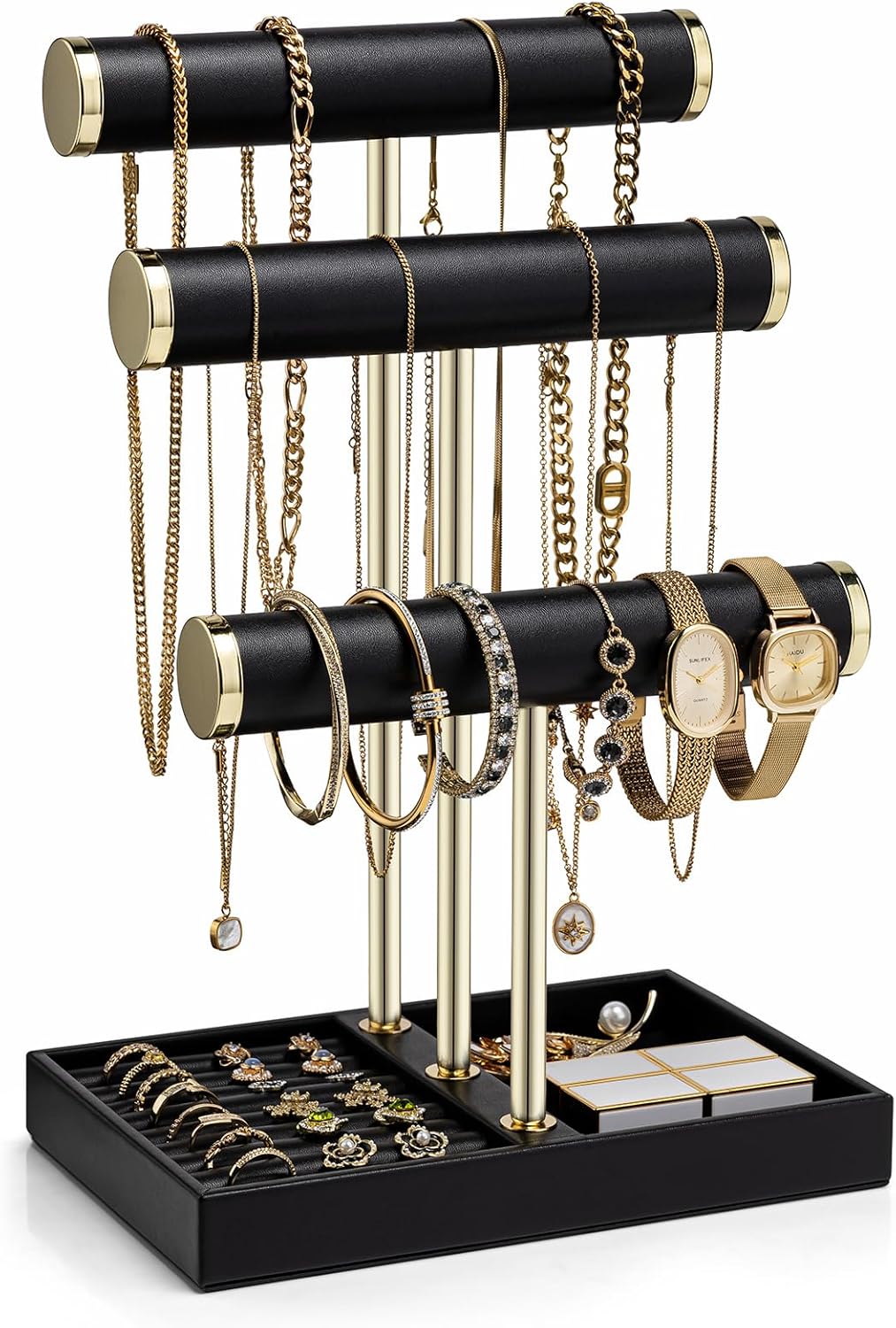 Vlando 3 Tier Bracelet Holder Organizer with Tray - Leather Jewelry Stand Organizer for Women - Jewelry Holder Display for Necklace, Watches, Rings, Earrings, Bangle, Scrunchie - Black
