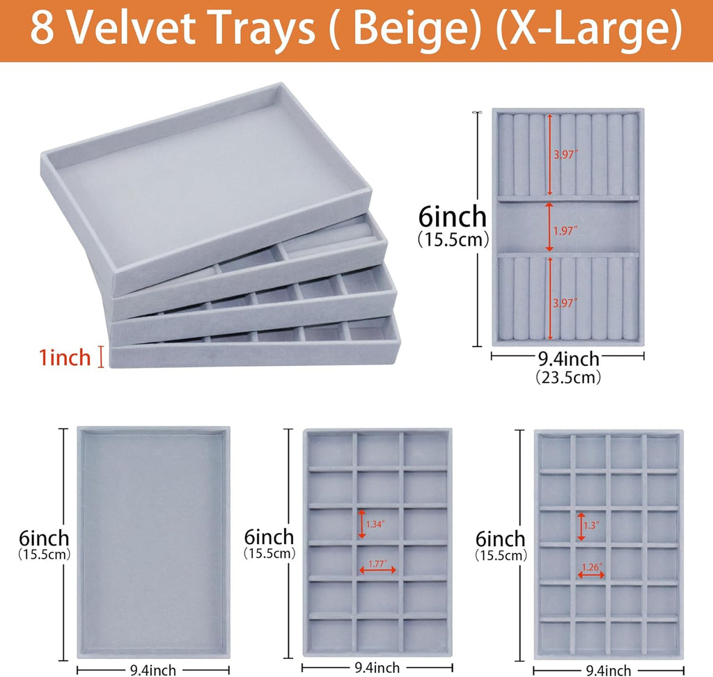 8 Pack Velvet Jewelry Trays X-Large Stackable Jewelry Drawer Organizer 8-Layer Jewellry Tray Set for Earrings, Necklaces, Rings,Bracelets with Removable Divider for Dresser & Vanity