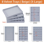 8 Pack Velvet Jewelry Trays X-Large Stackable Jewelry Drawer Organizer 8-Layer Jewellry Tray Set for Earrings, Necklaces, Rings,Bracelets with Removable Divider for Dresser & Vanity