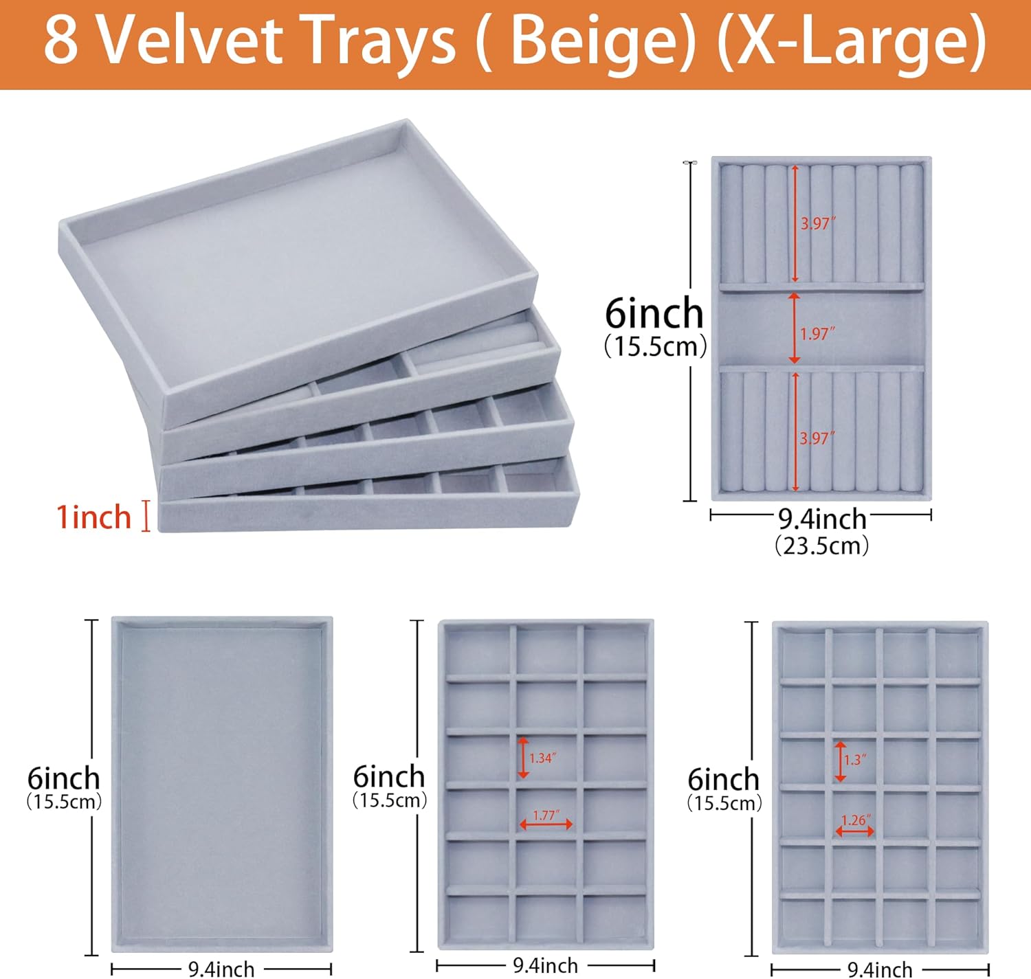 8 Pack Velvet Jewelry Trays X-Large Stackable Jewelry Drawer Organizer 8-Layer Jewellry Tray Set for Earrings, Necklaces, Rings,Bracelets with Removable Divider for Dresser & Vanity