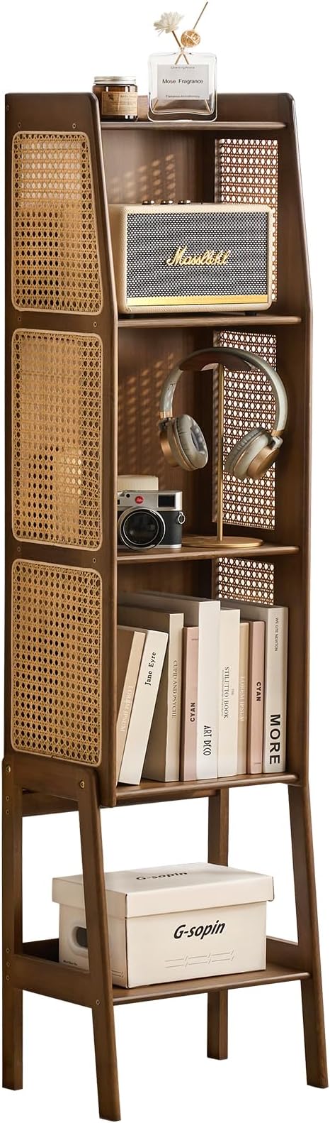 Welnow Bamboo Rattan Bookcase with Cabinet, 3-Tier Storage Shelf with Side Table & End Table Function, Large Modern Wood Organizer for Living Room or Bedroom, Walnut Bookshelf