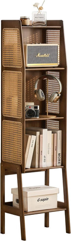 Welnow Bamboo Rattan Bookcase with Cabinet, 3-Tier Storage Shelf with Side Table & End Table Function, Large Modern Wood Organizer for Living Room or Bedroom, Walnut Bookshelf