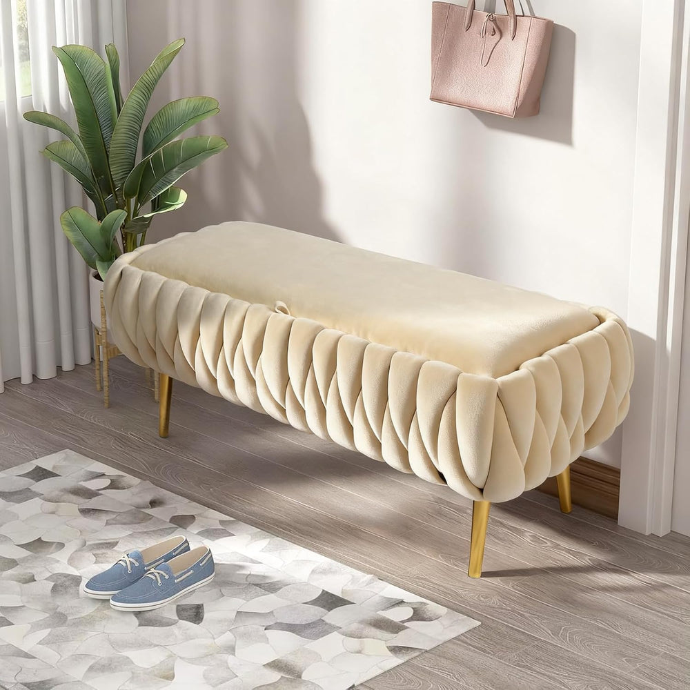 End of Bed Bedroom Storage Bench Upholstered, Hand-Woven Storage Ottoman Benc...